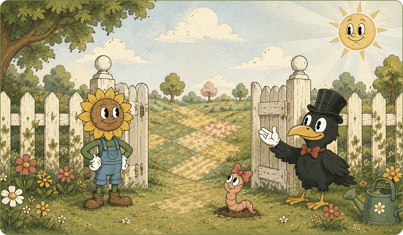 Sunny the sunflower in dungarees stands at an open garden gate with Crow in his top hat and Worm, a patchwork path running through to the fields beyond.